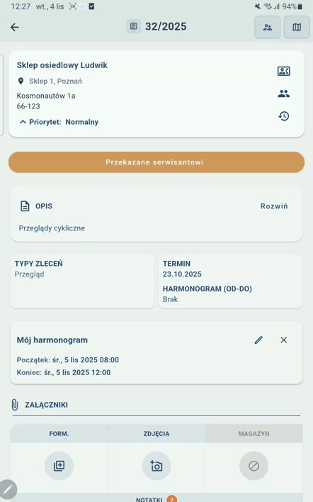Funkcje aplikacji mobilnej dla serwisantów
